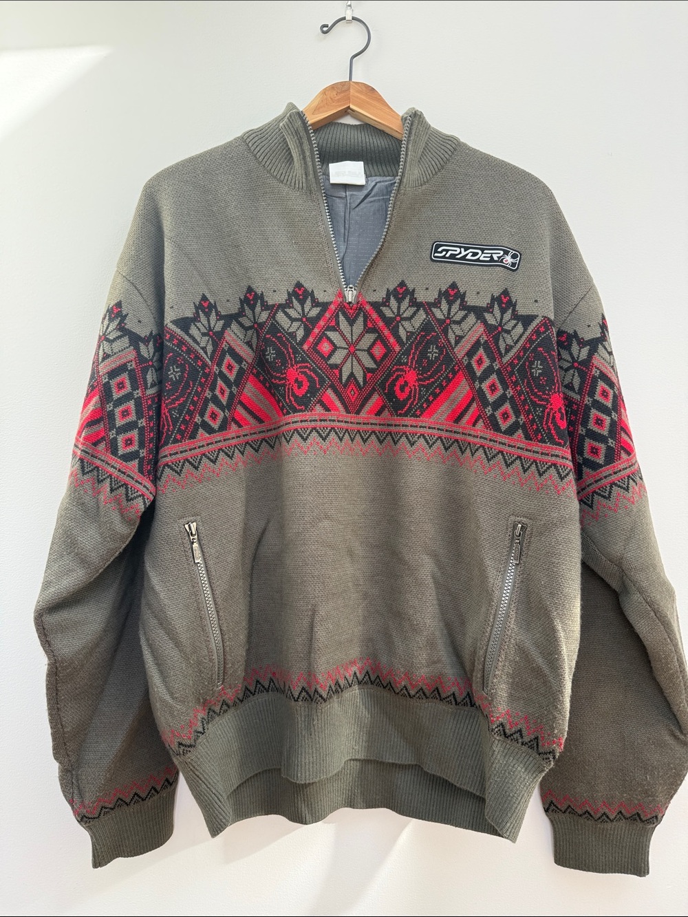 Vintage Spyder Olive Green & Red Patterned Half-Zip Sweater-size L